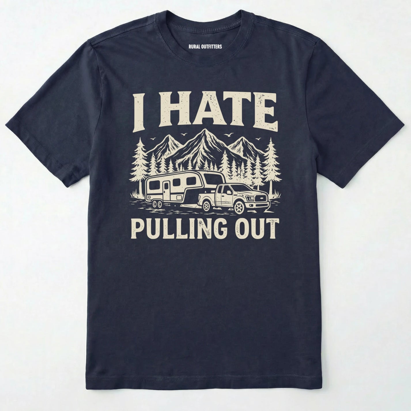 Navy t-shirt with white graphic and text 'i hate pulling out' on a white background