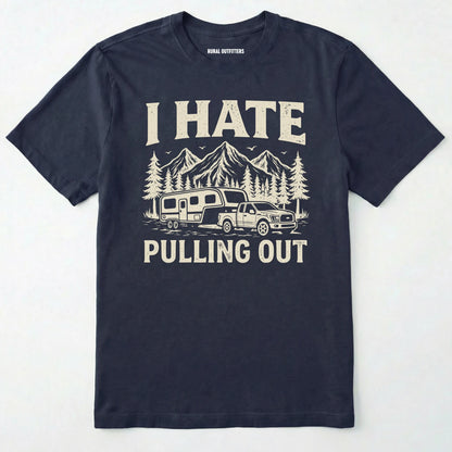 Navy t-shirt with white graphic and text 'i hate pulling out' on a white background