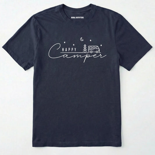 Navy happy camper tee with minimalist camper and night sky design on a white background