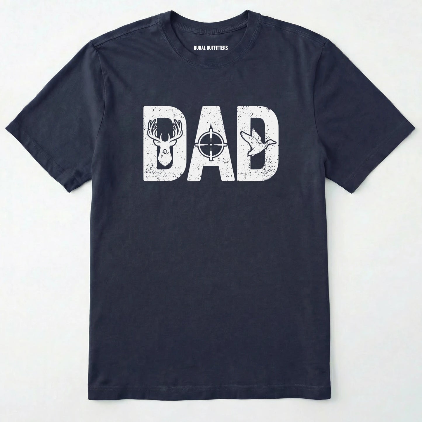 Navy t-shirt with 'dad' graphic design featuring a deer and duck on a white background