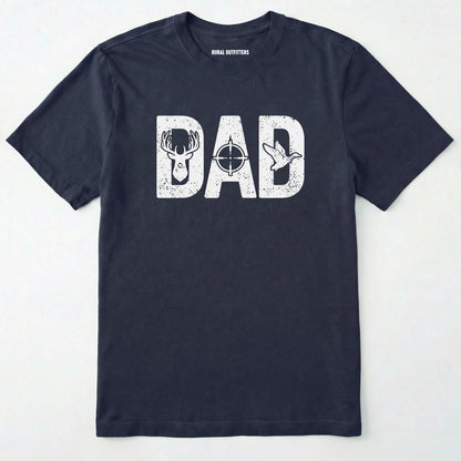 Navy t-shirt with 'dad' graphic design featuring a deer and duck on a white background