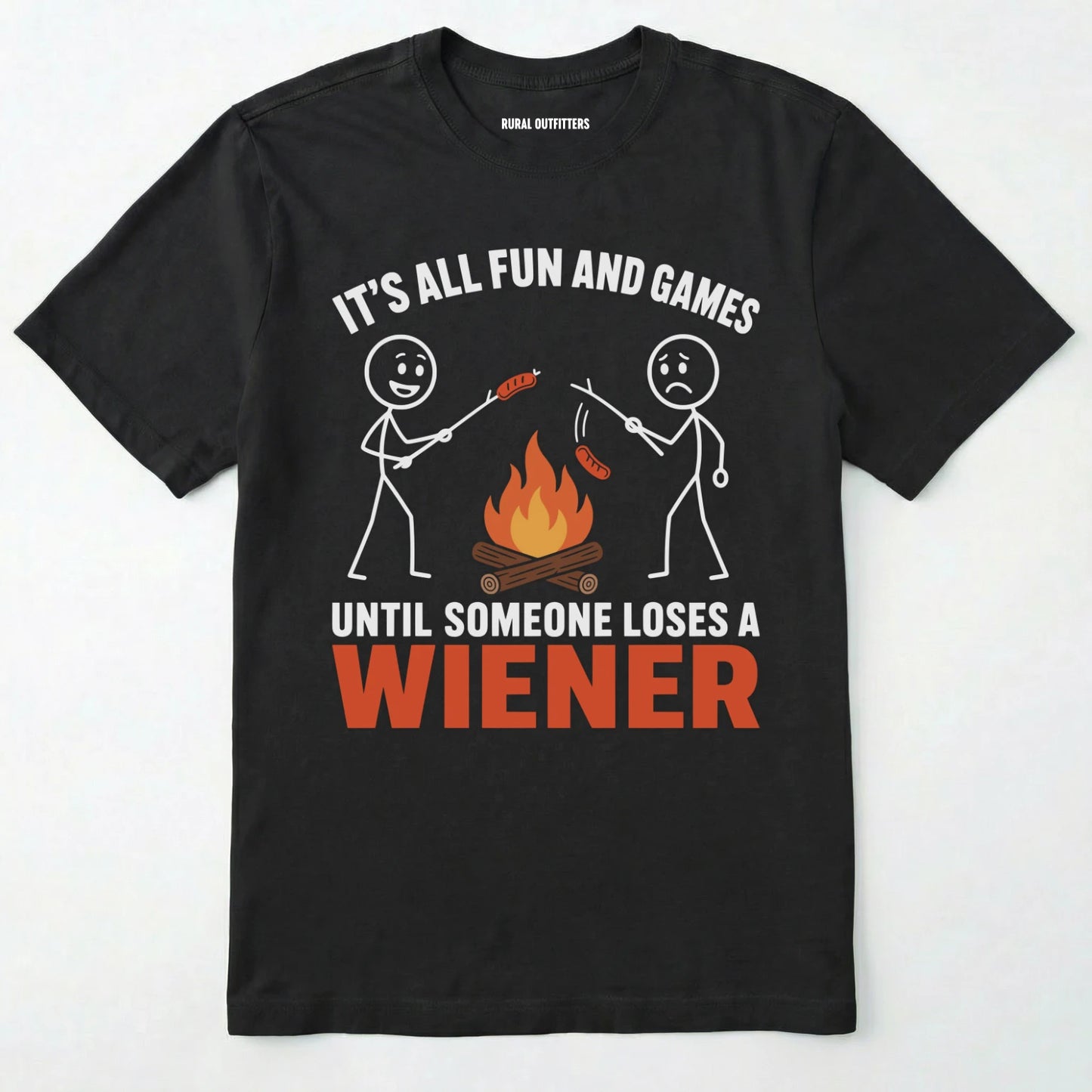 Black funny wiener shirt with humorous campfire graphic and text on a white background