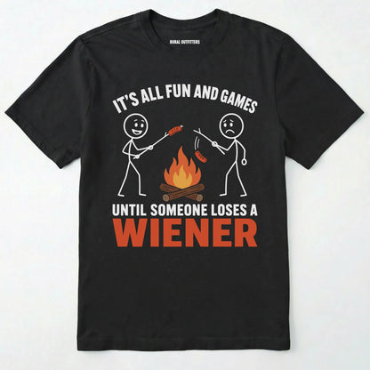 Black funny wiener shirt with humorous campfire graphic and text on a white background
