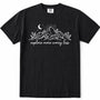 Black short-sleeve crewneck t-shirt with a white graphic print of mountains, a crescent moon, stars, and the text 'explore more worry less' on the front.