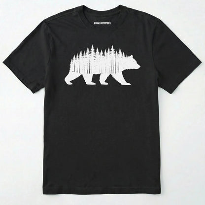 Black t-shirt with a white bear and forest design on a white background