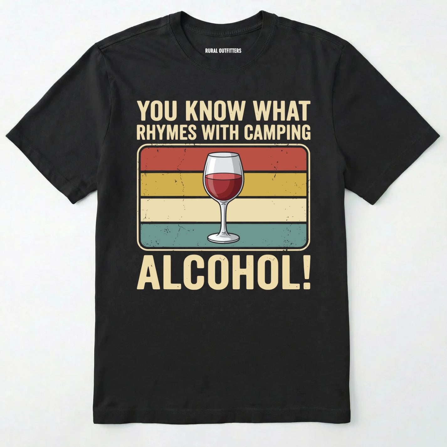Black you know what rhymes with camping alcohol t-shirt with a wine glass graphic and retro stripes on a white background
