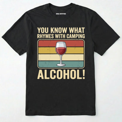 Black you know what rhymes with camping alcohol t-shirt with a wine glass graphic and retro stripes on a white background