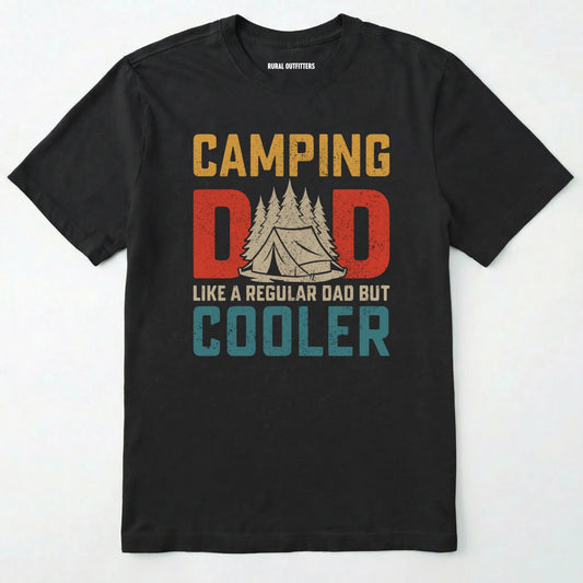 Black camping dad shirt with retro tent and trees graphic on a white background.