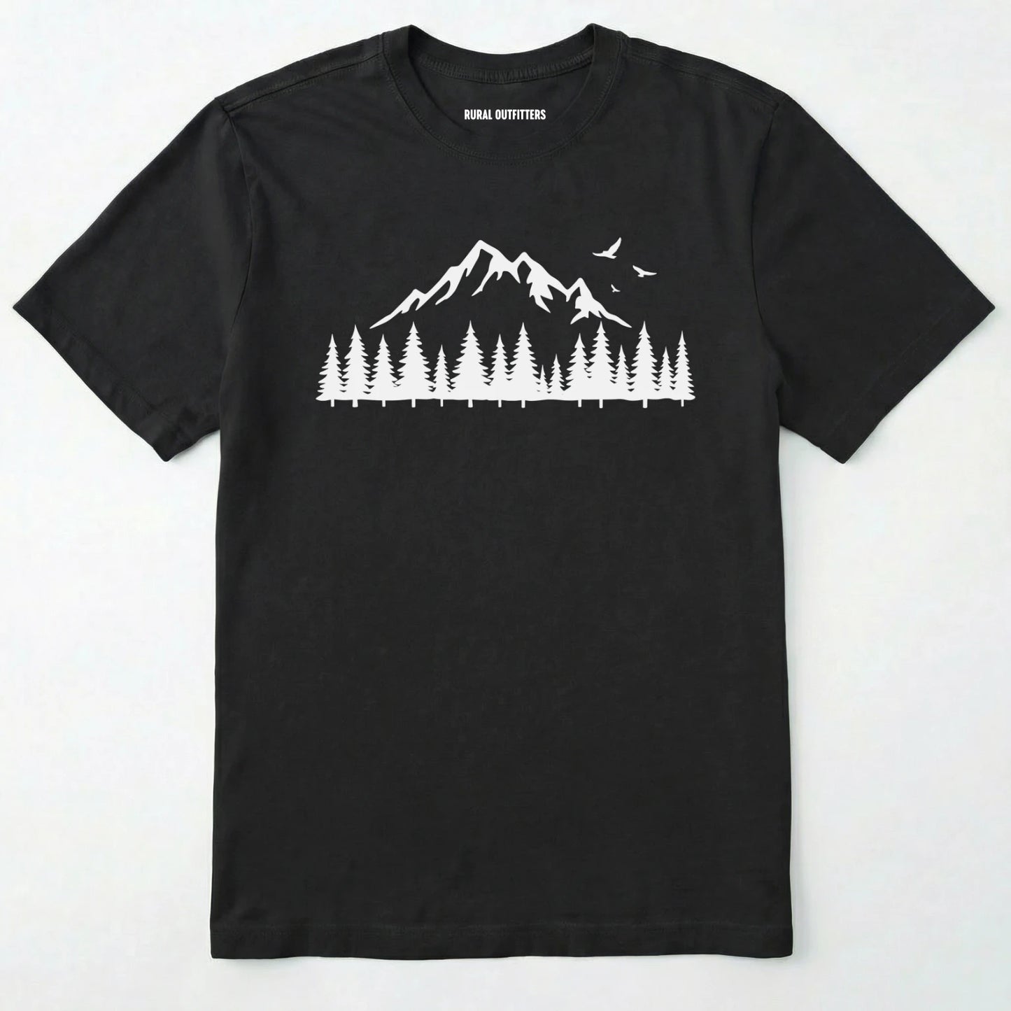 Black wild t-shirt with a minimalist mountain and pine tree graphic on a white background.
