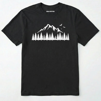 Black wild t-shirt with a minimalist mountain and pine tree graphic on a white background.