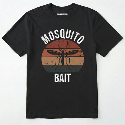 Black mosquito shirt with mosquito graphic and 'mosquito bait' text on a white background