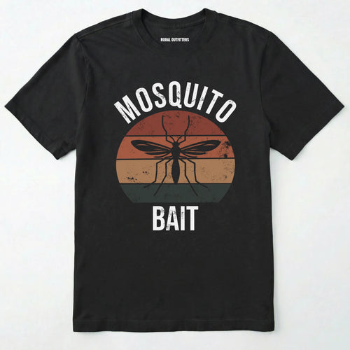 Black mosquito shirt with mosquito graphic and 'Mosquito Bait' text on a white background