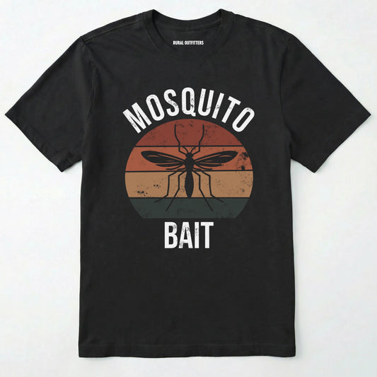 Black mosquito shirt with mosquito graphic and 'Mosquito Bait' text on a white background