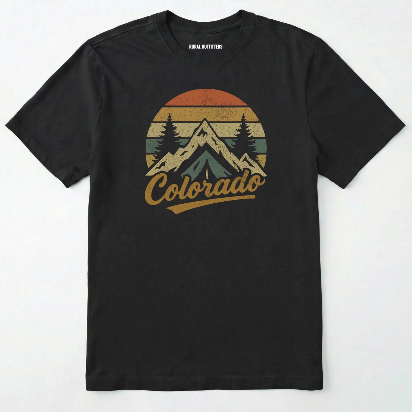 Black colorado t-shirt with retro sunset and mountain design on a white background.