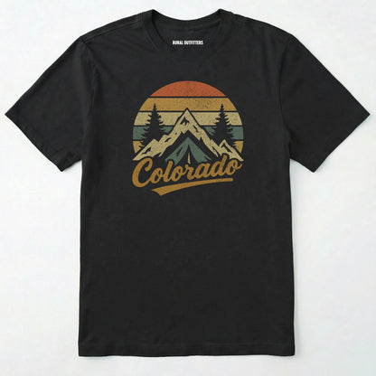Black colorado t-shirt with retro sunset and mountain design on a white background.