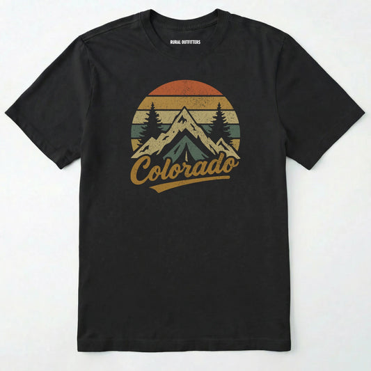 Black colorado t-shirt with retro sunset and mountain design on a white background.