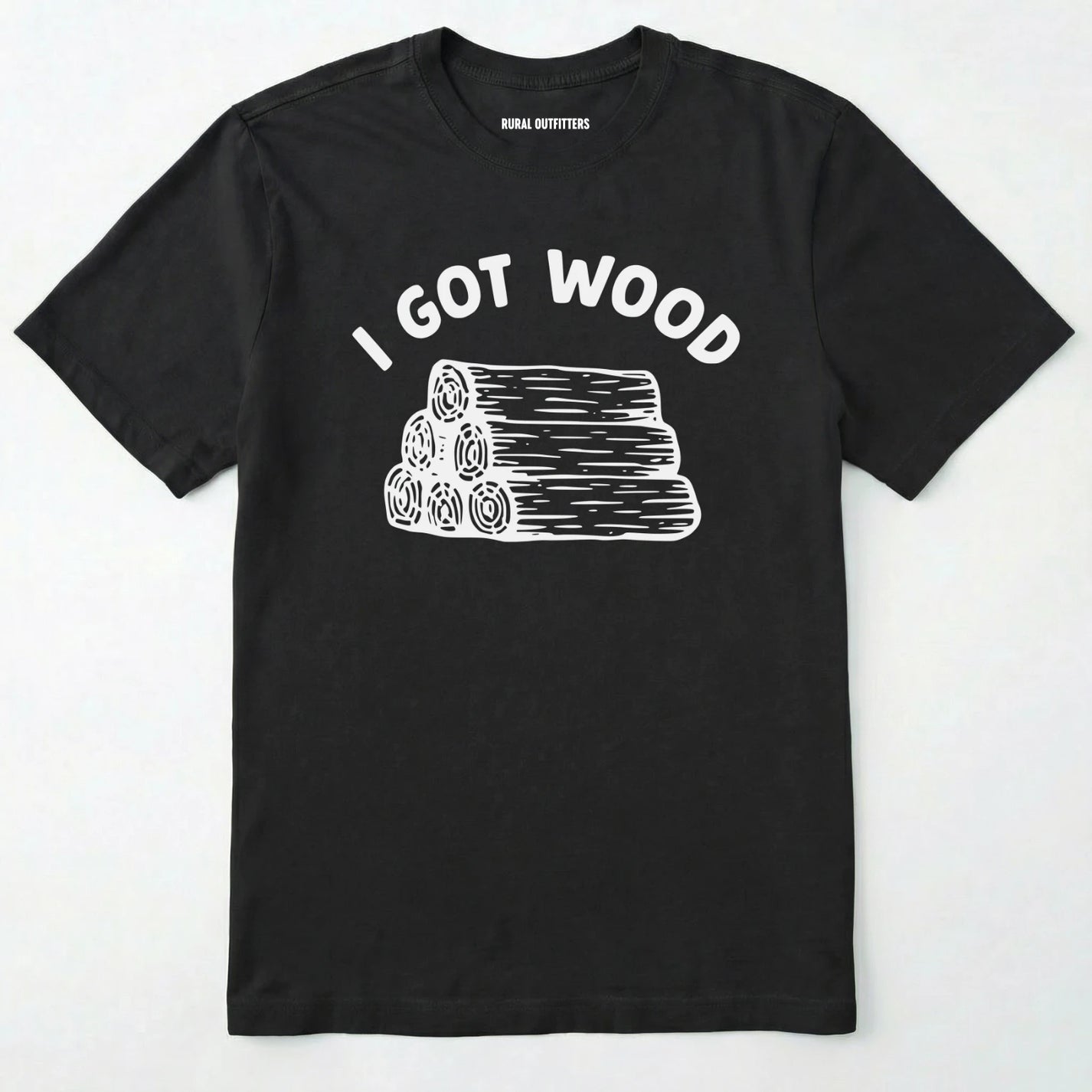 Black i got wood shirt with stacked firewood graphic on a white background.
