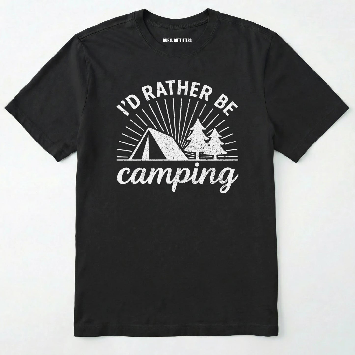 Black camping shirt with 'i'd rather be camping' with tent and trees graphic on a white background.