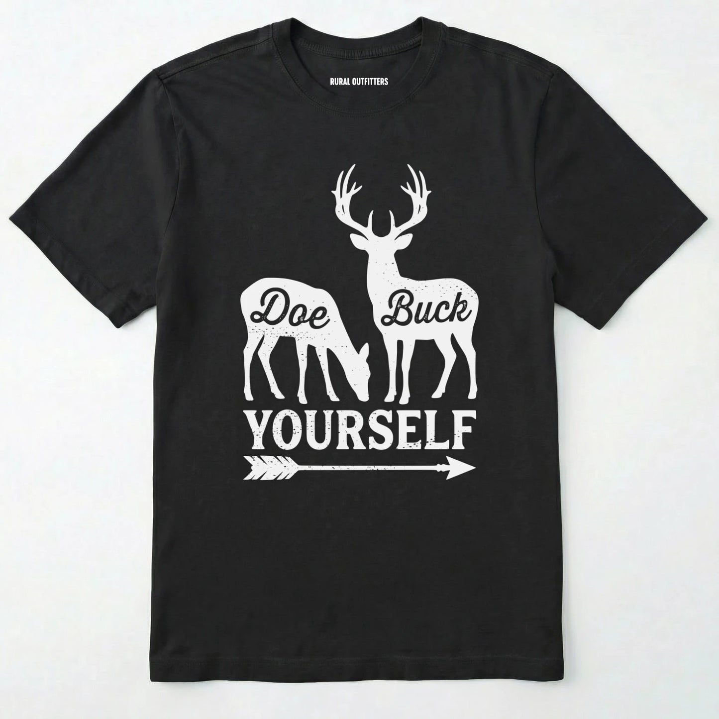 Black t-shirt with white graphic of deer and text 'doe buck yourself' on a white background