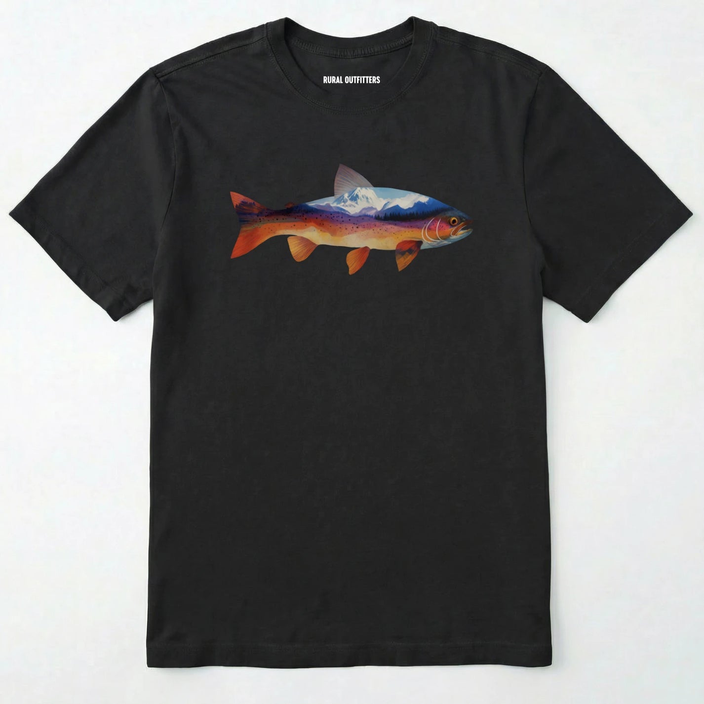 Black fish shirt with a colorful trout and mountain landscape graphic on a white background.