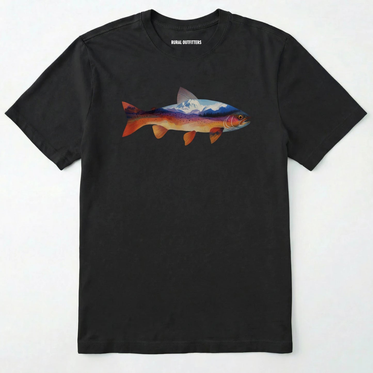 Black fish shirt with a colorful trout and mountain landscape graphic on a white background.
