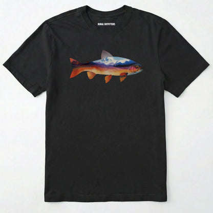 Black fish shirt with a colorful trout and mountain landscape graphic on a white background.
