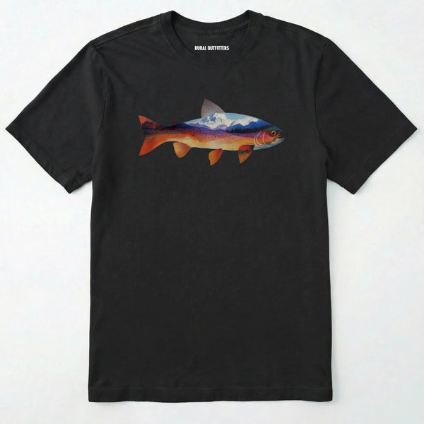 Black fish shirt with a colorful trout and mountain landscape graphic on a white background.