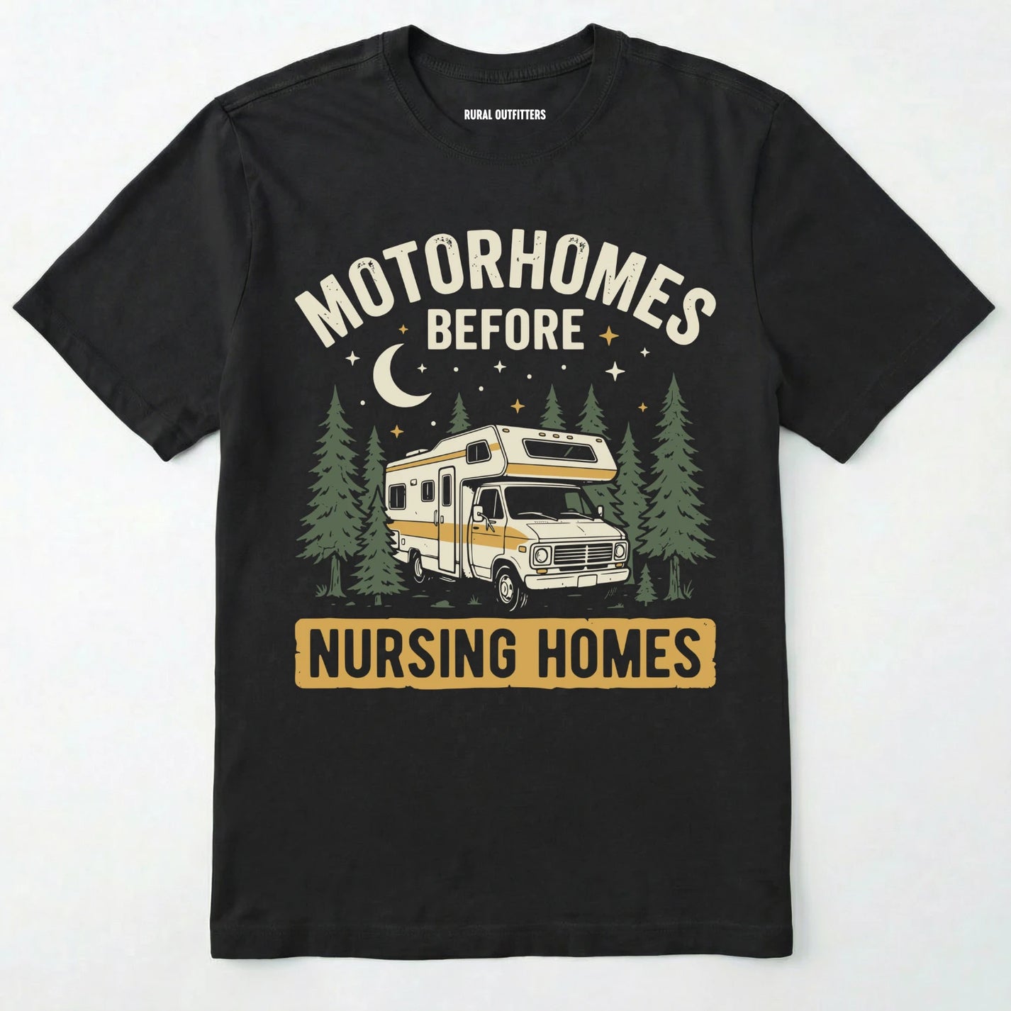Black t-shirt with a graphic of a motorhome and text on a white background
