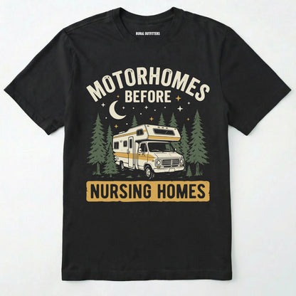 Black t-shirt with a graphic of a motorhome and text on a white background