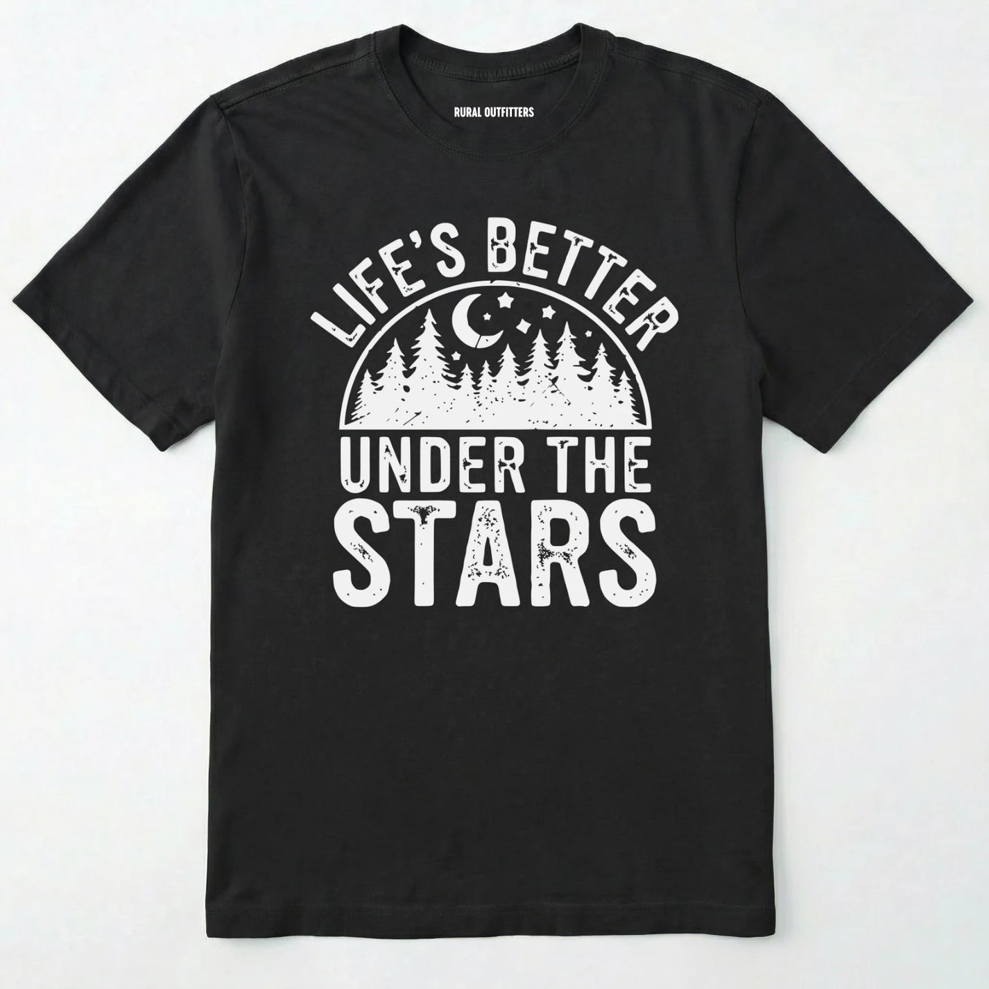 Black life's better under the stars t-shirt with forest and moon graphic on a white background.