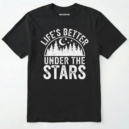 Black life's better under the stars t-shirt with forest and moon graphic on a white background.