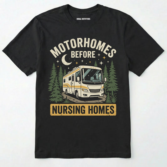 Black t-shirt with an RV graphic and text on a white background