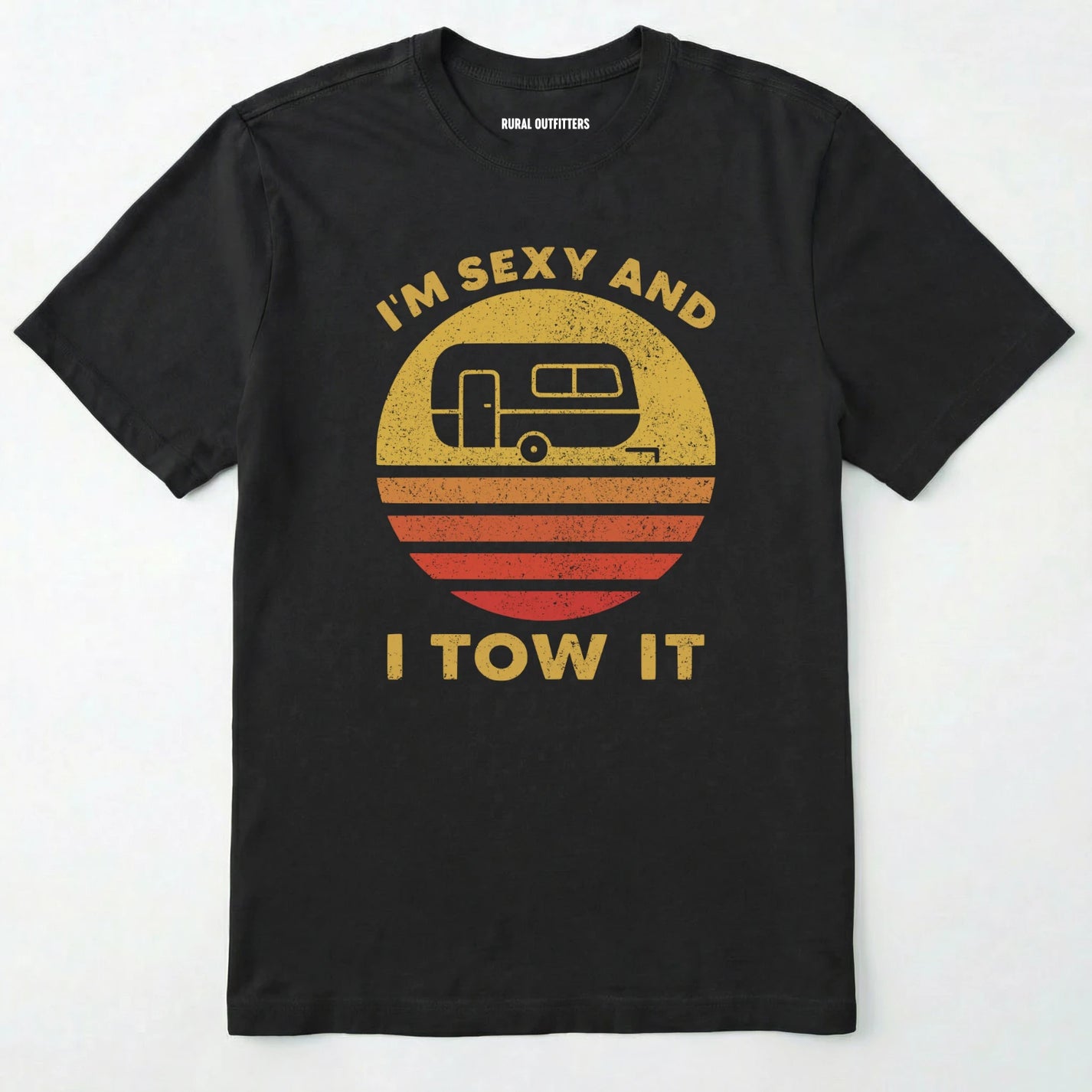 Black trailer shirt with retro camper and sunset graphic, and "i'm sexy and i tow it" text on a white background.
