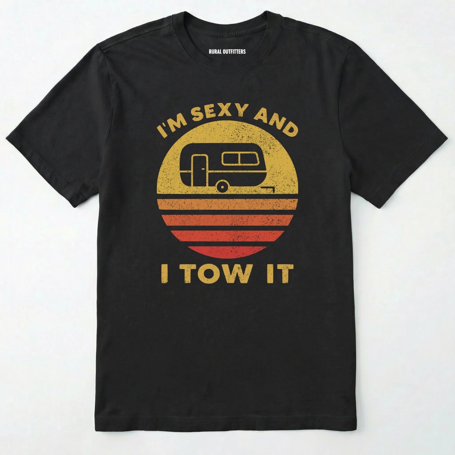 Black trailer shirt with retro camper and sunset graphic, and "i'm sexy and i tow it" text on a white background.