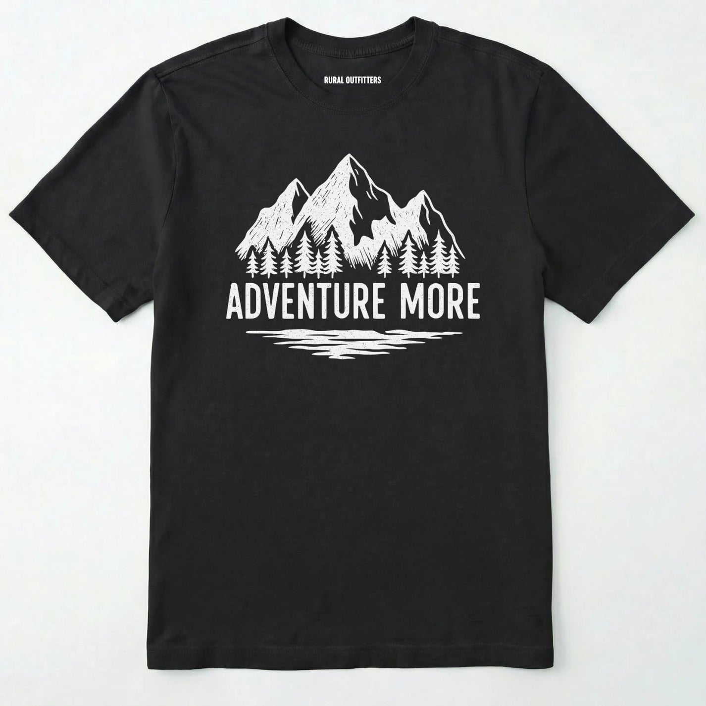 Black adventure t-shirt with white mountain and tree graphic on a soft cotton tee