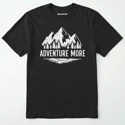 Black adventure t-shirt with white mountain and tree graphic on a soft cotton tee
