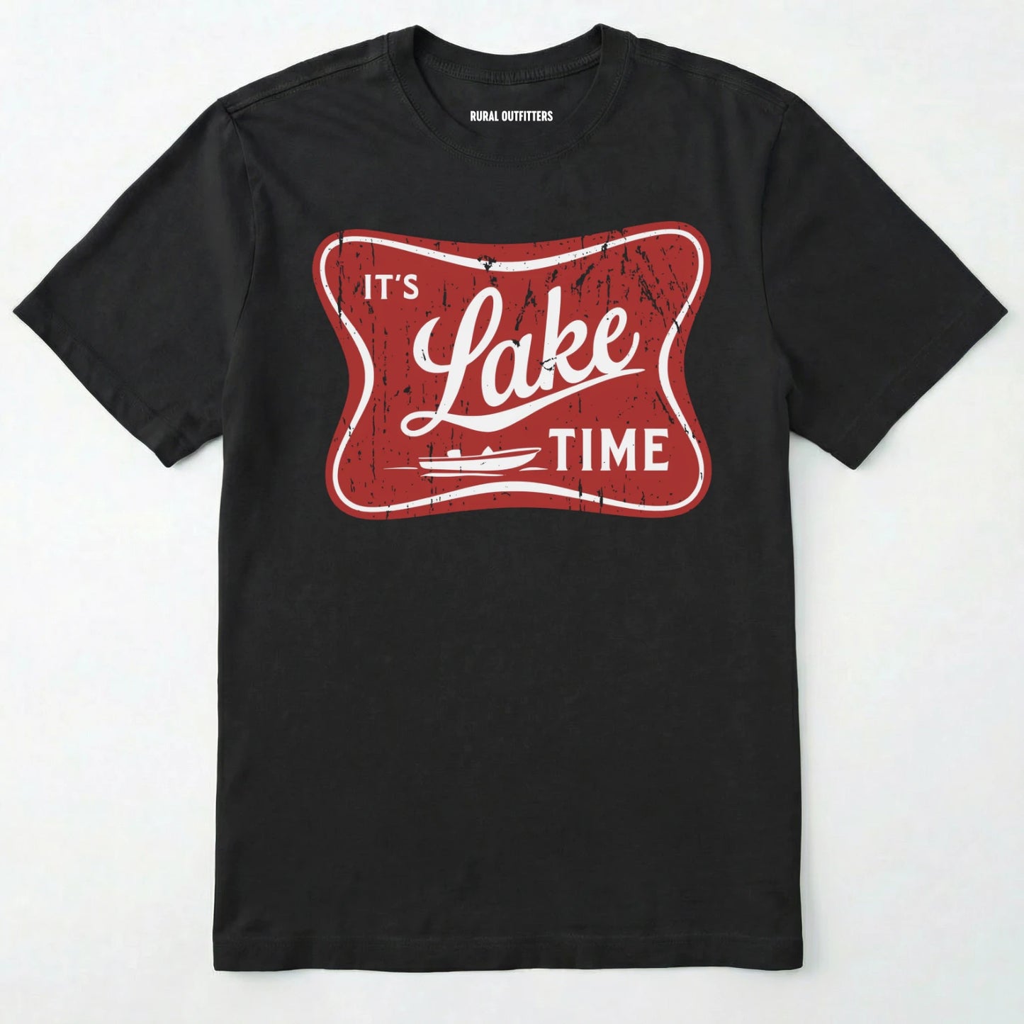 Black lake t-shirt with retro ⊜it⊙s lake time⊝ graphic, featuring a red vintage lake badge design, nature-themed on a white background.