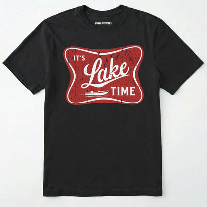 Black lake t-shirt with retro ⊜it⊙s lake time⊝ graphic, featuring a red vintage lake badge design, nature-themed on a white background.