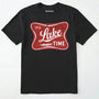 Black lake t-shirt with retro ⊜it⊙s lake time⊝ graphic, featuring a red vintage lake badge design, nature-themed on a white background.