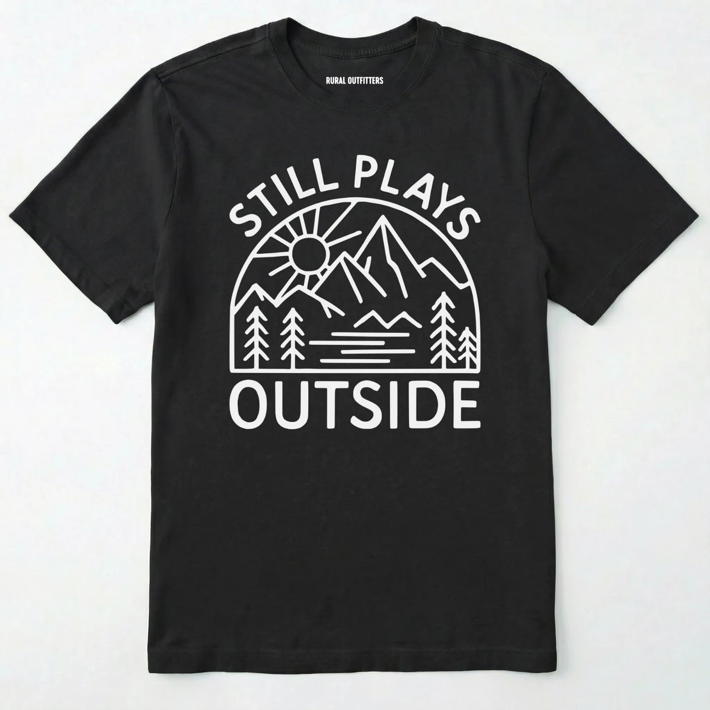 Black t-shirt with 'still plays outside' graphic design on a white background.