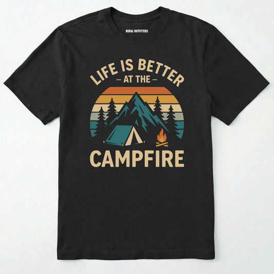 Black life is better around the campfire shirt with tent, campfire, sunset and retro mountain graphic design on a light grey background.