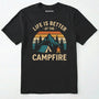 Black life is better around the campfire shirt with tent, campfire, sunset and retro mountain graphic design on a light grey background.