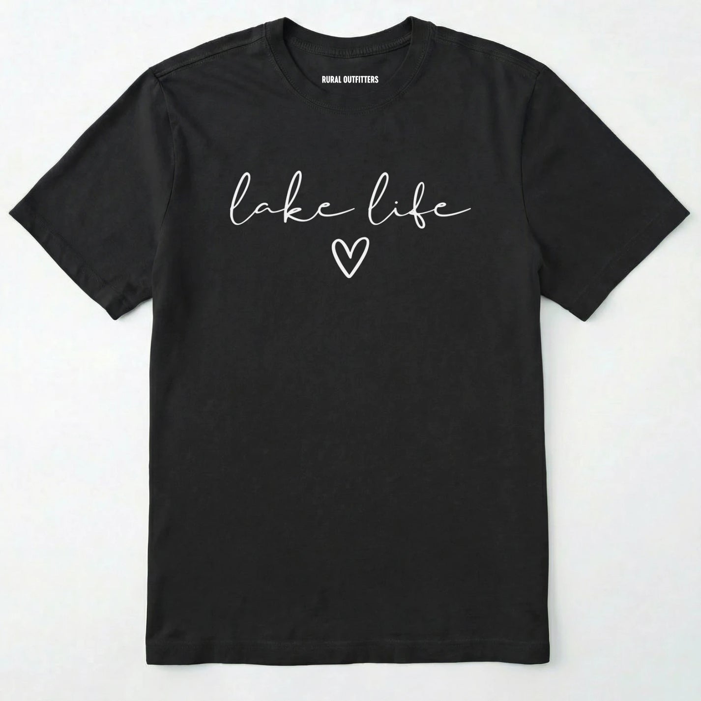 Black lake life shirt with 'lake life' text and heart graphic.