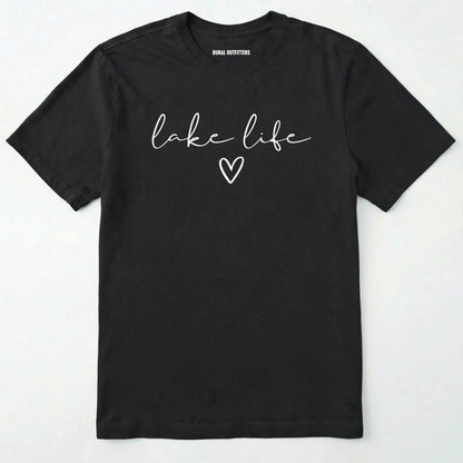 Black lake life shirt with 'lake life' text and heart graphic.