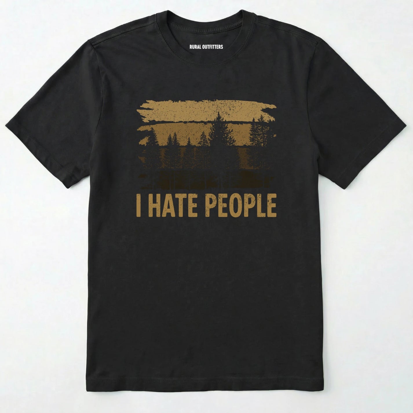 Black i hate people t-shirt with a distressed forest graphic on a white background.