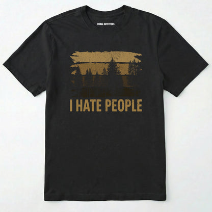 Black i hate people t-shirt with a distressed forest graphic on a white background.