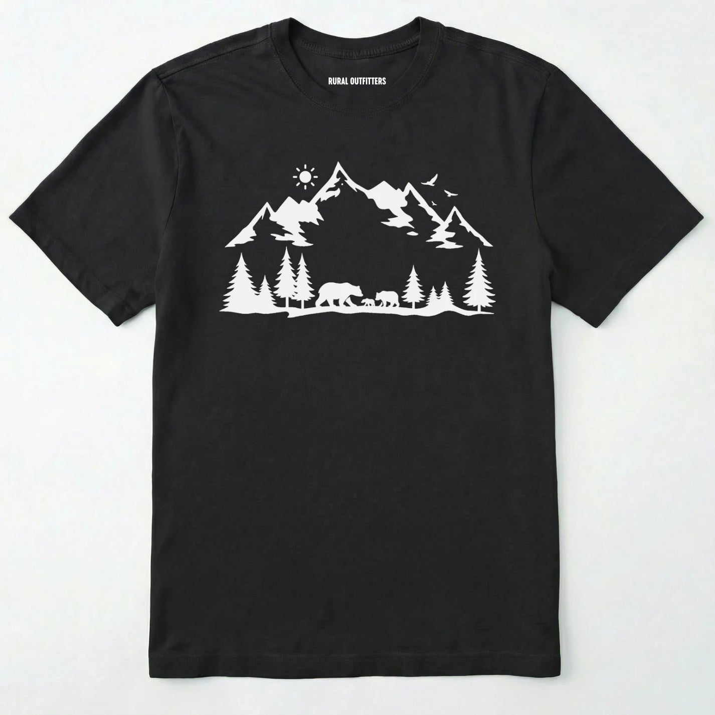 Black wildlife t-shirt with white mountain and bear design, on a plain white background.