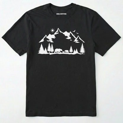 Black wildlife t-shirt with white mountain and bear design, on a plain white background.