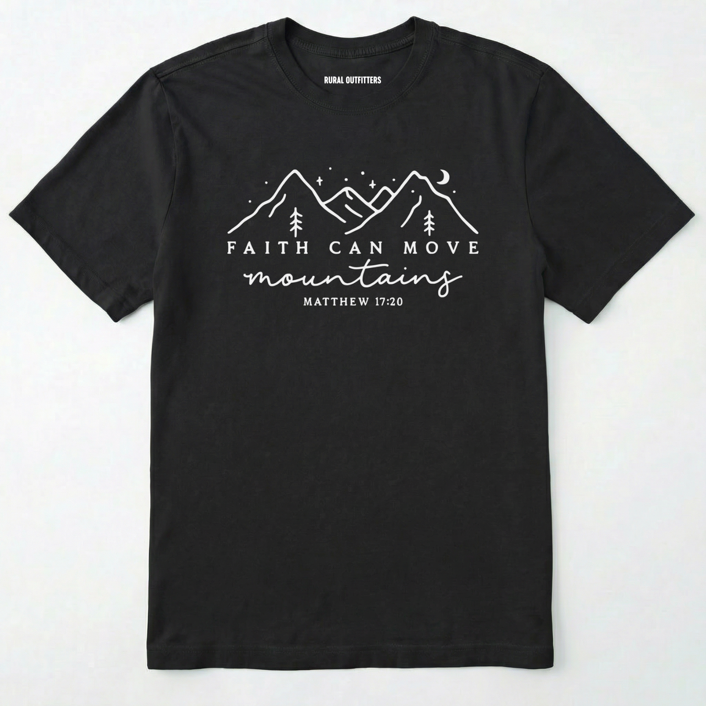 Black faith can move mountains shirt with mountain scripture design on a white background.