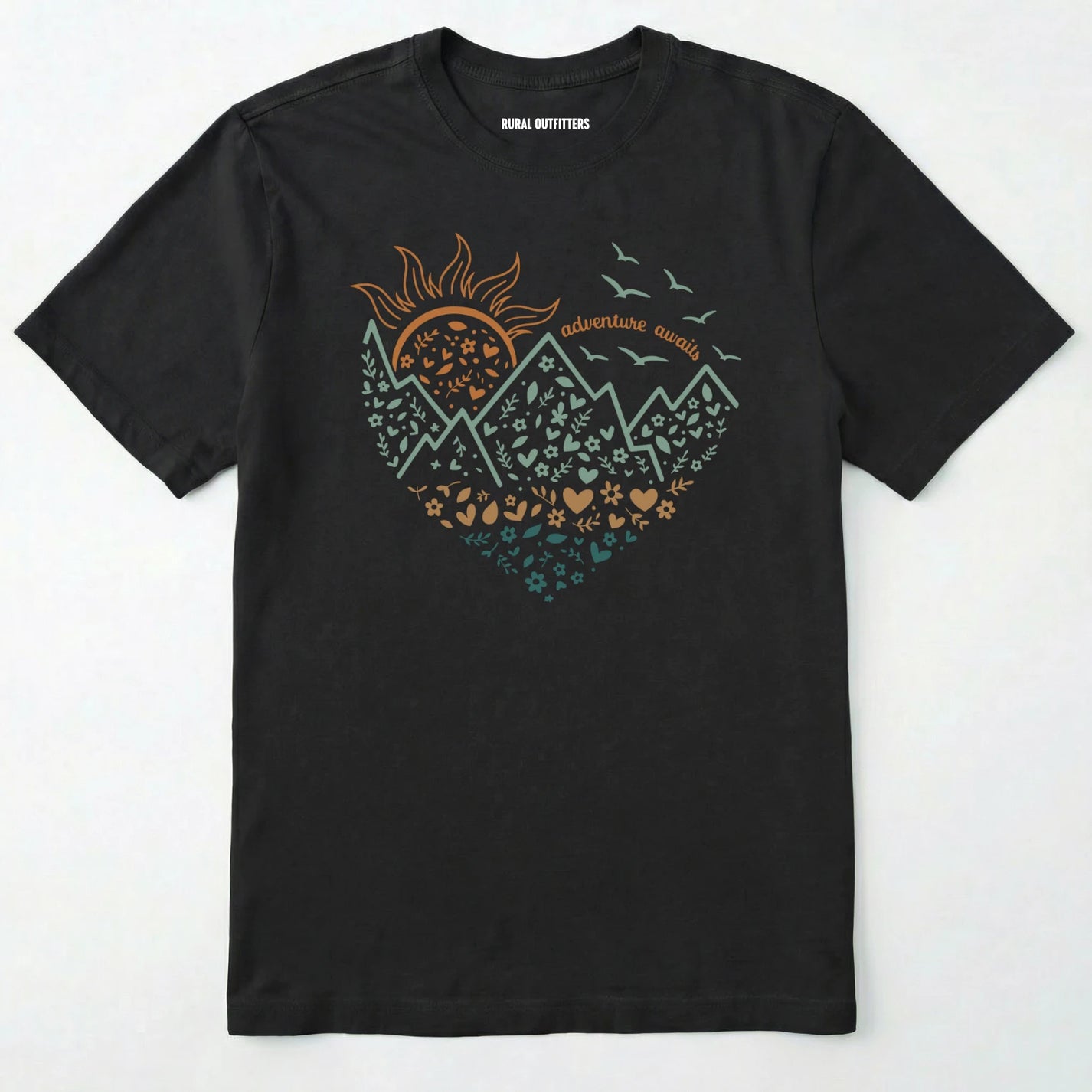Black adventure awaits shirt with a floral nature heart, mountain and sun illustration on a white background.